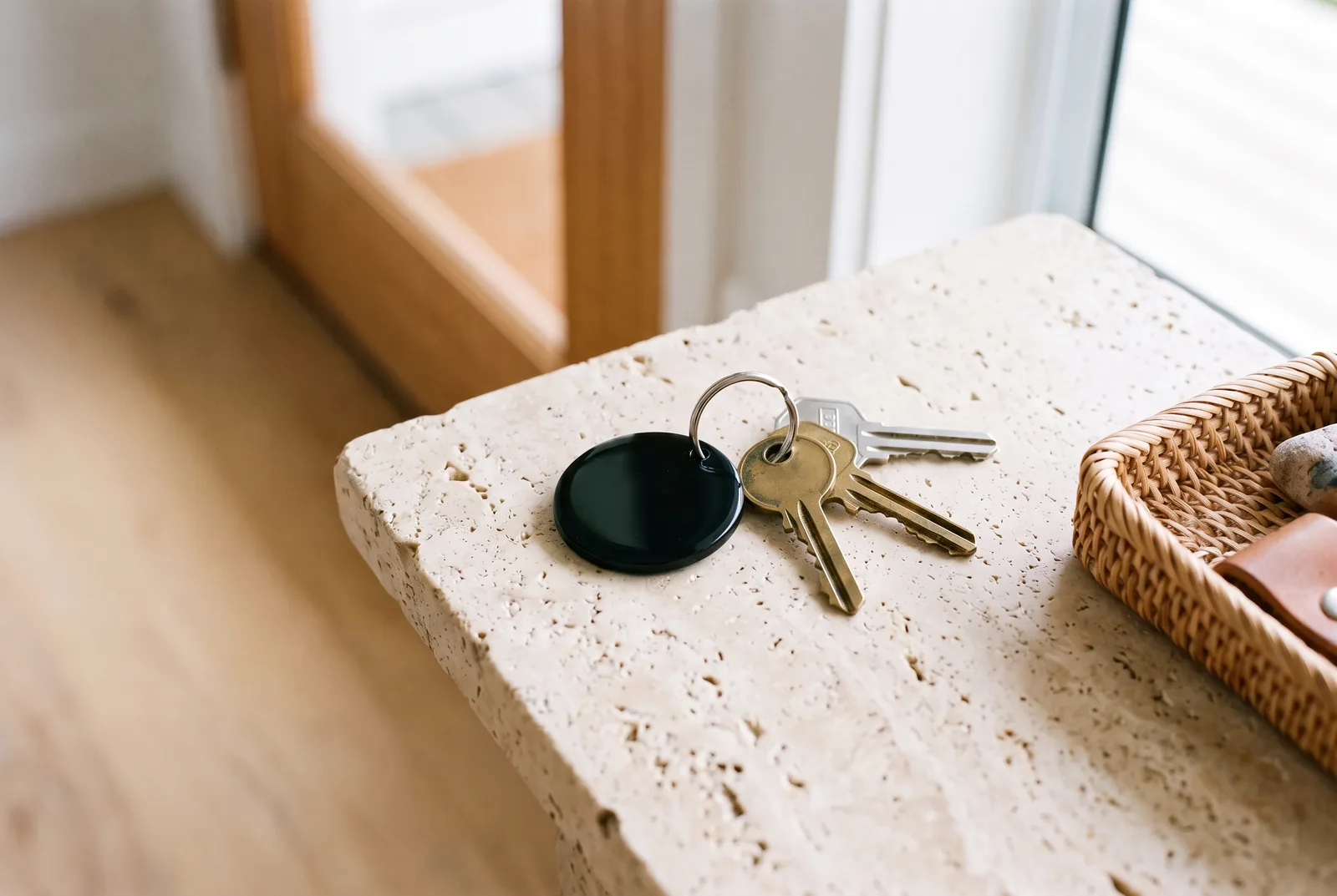 A matte black Roche Card and key fob on a timber bench