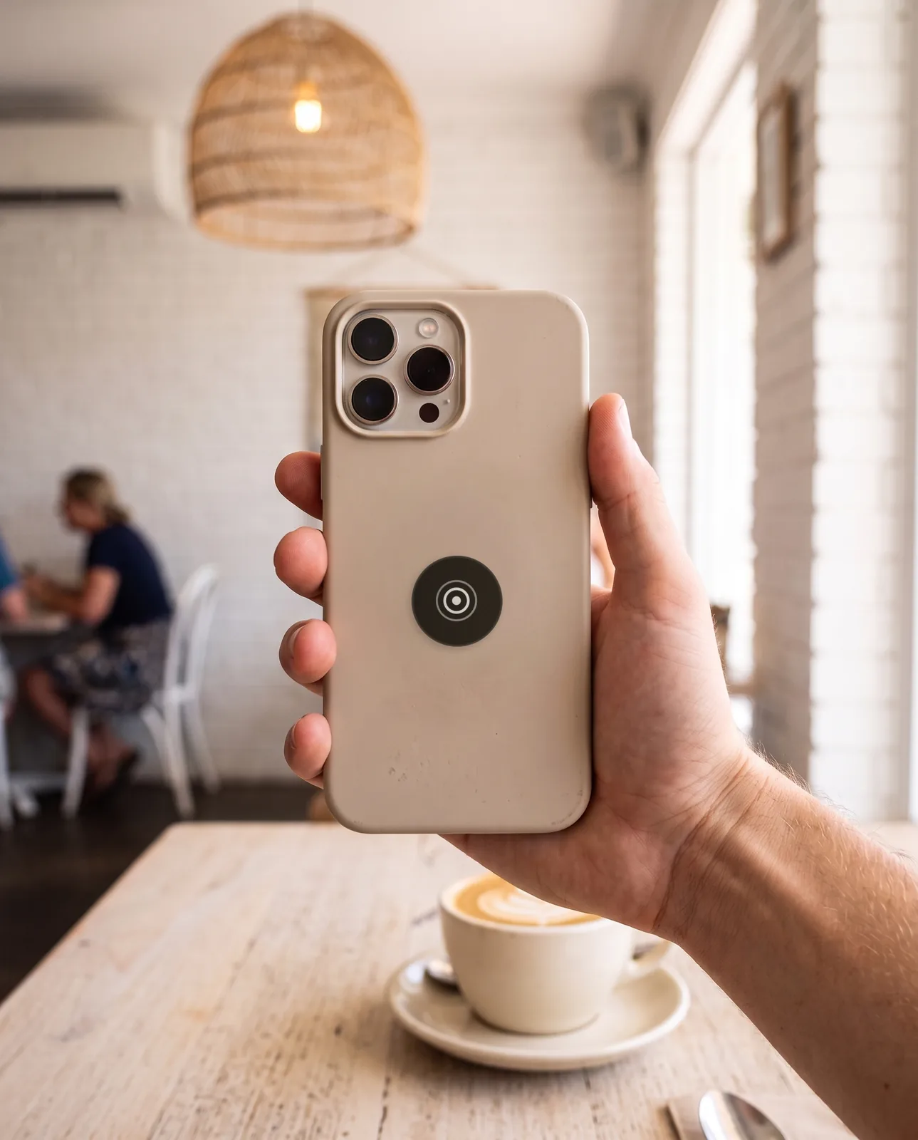 A phone case with the round tag on the back