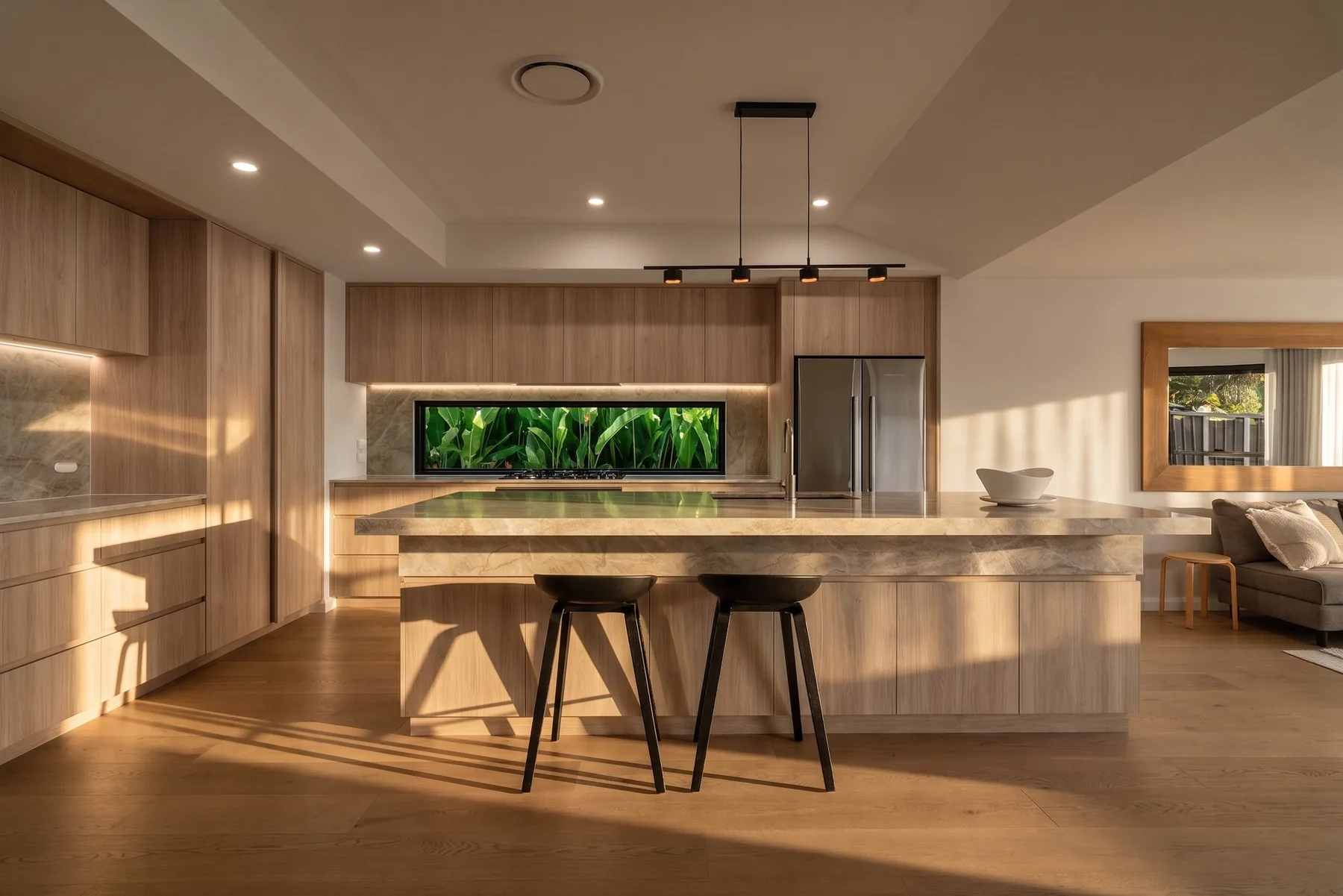 A wide kitchen with an island bench and pendant lights