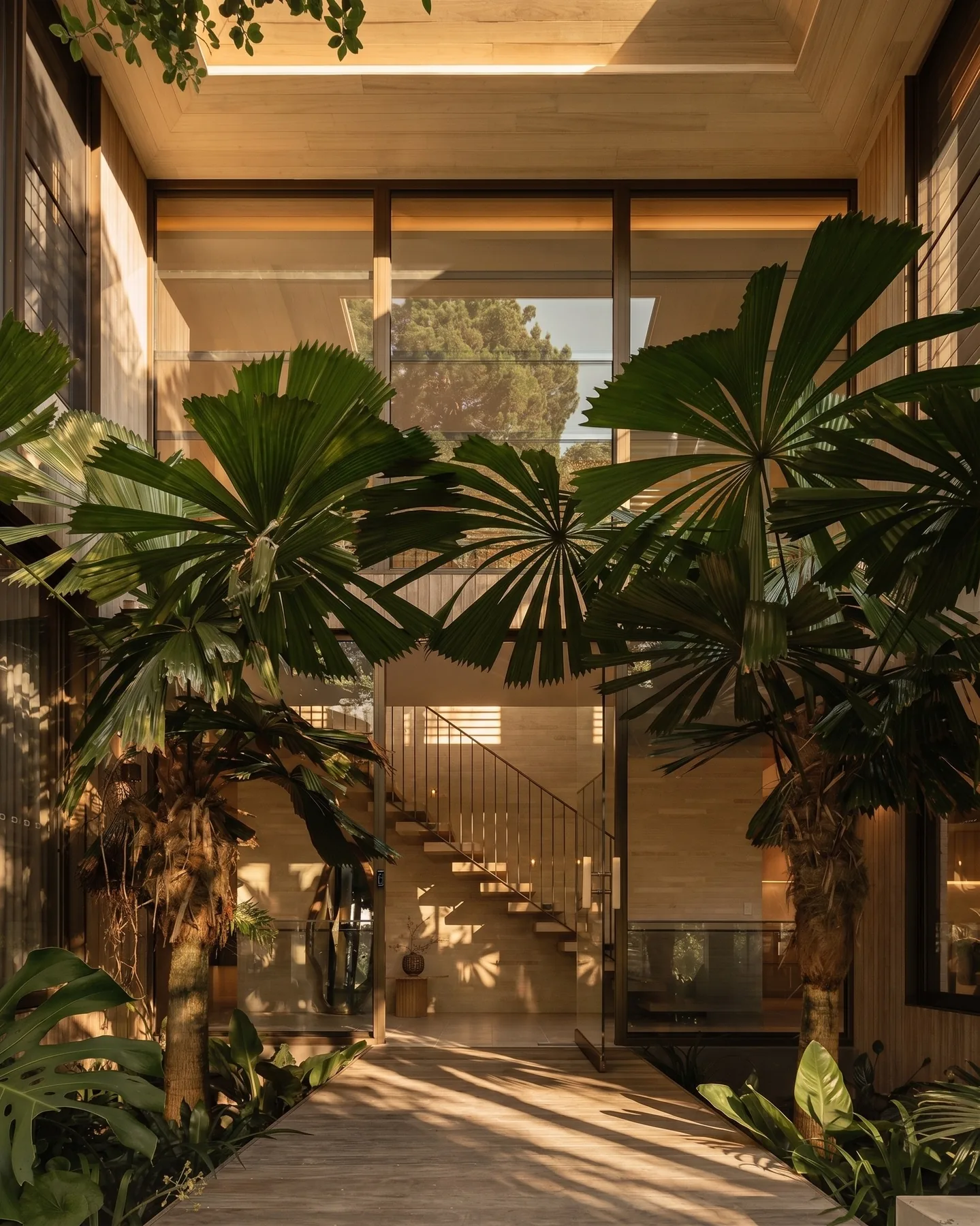 Palms over a pool beside a house