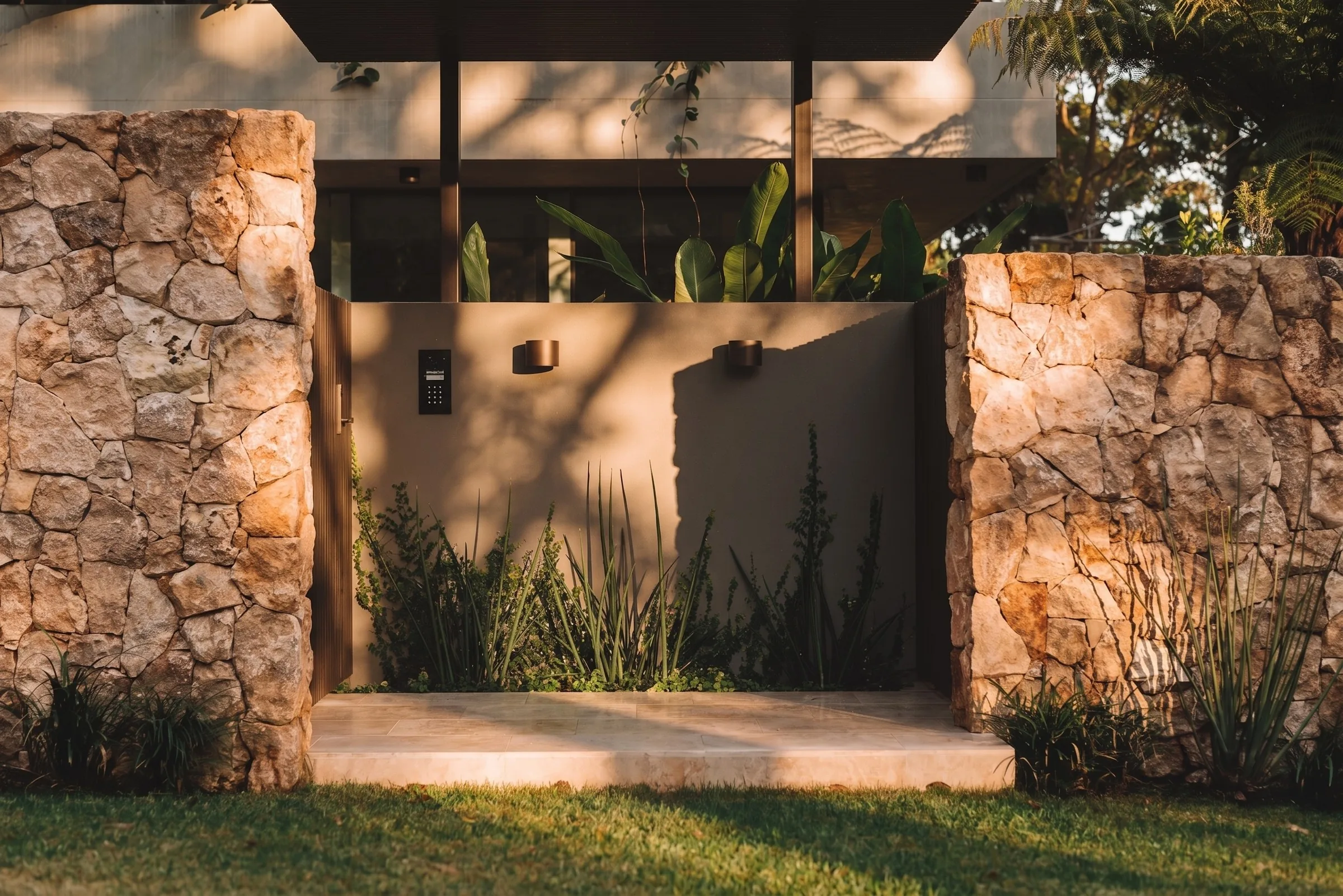 A stone wall and planting beside a path