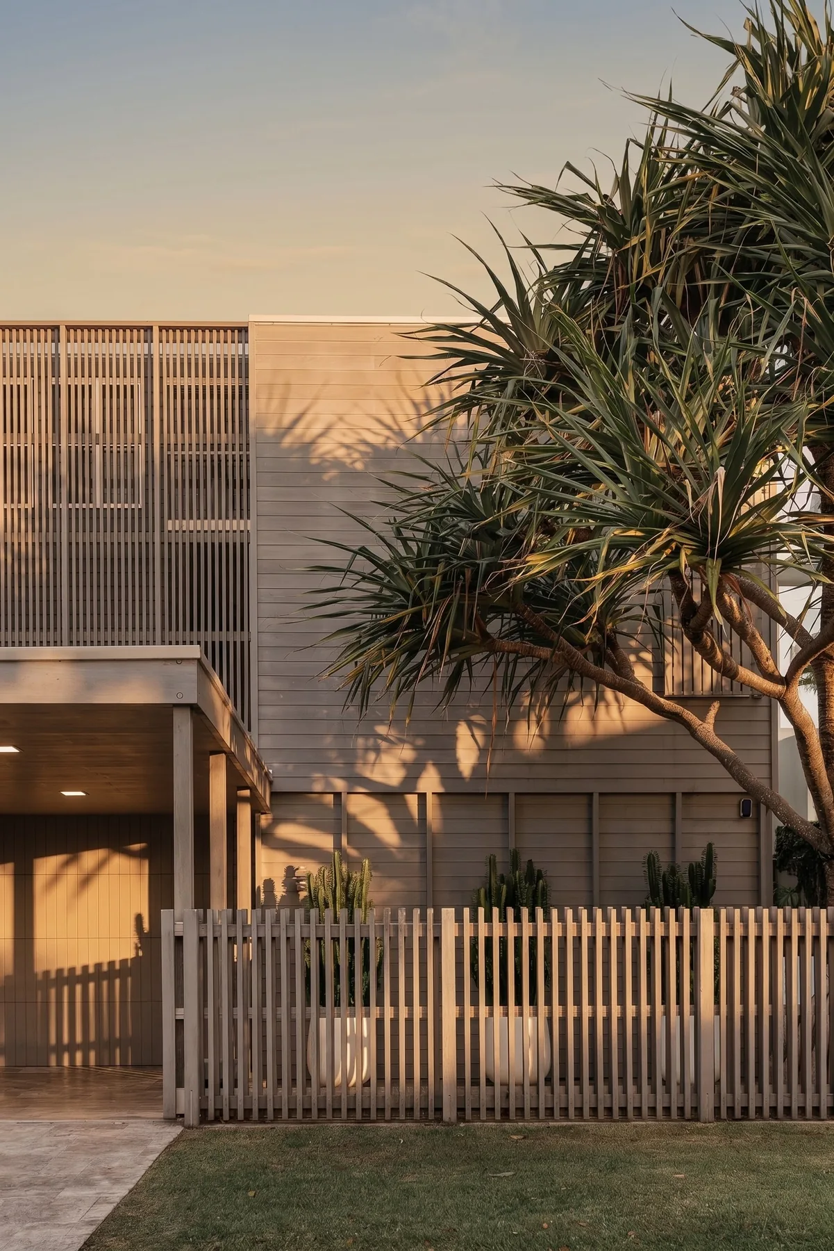 A house facade seen through pandanus