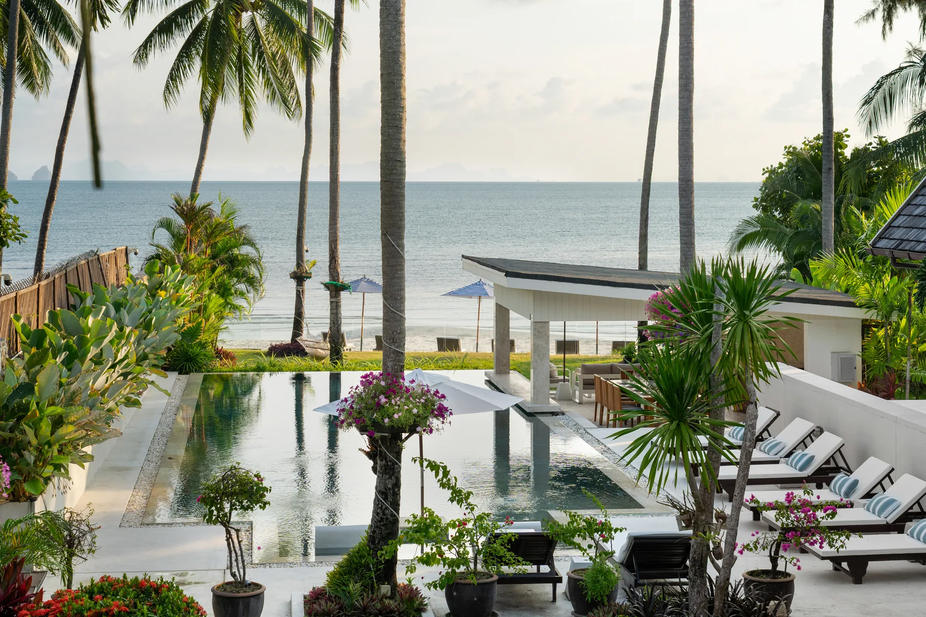 A pool and pavilion looking out to the sea through the palms