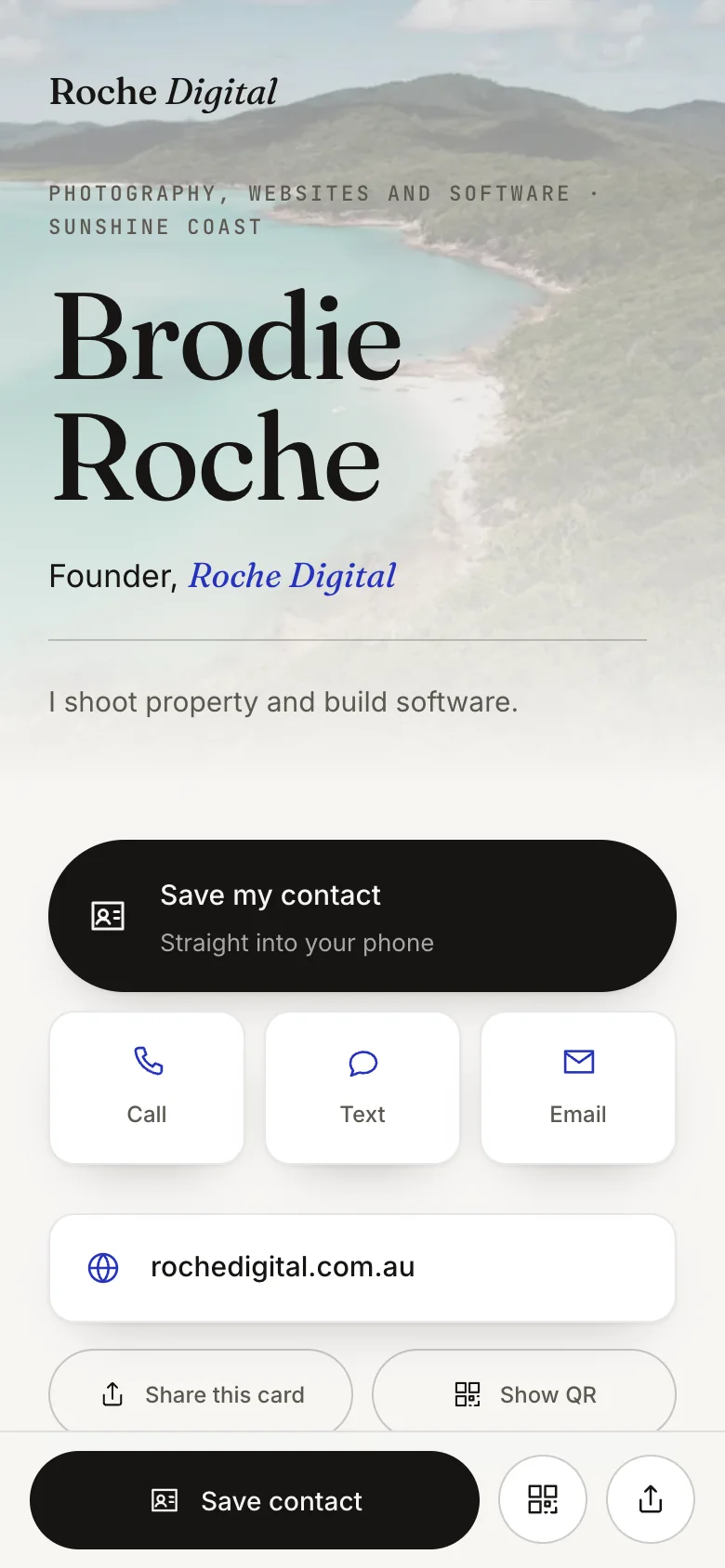 Brodie Roche's digital business card on a phone, with Save my contact at the top