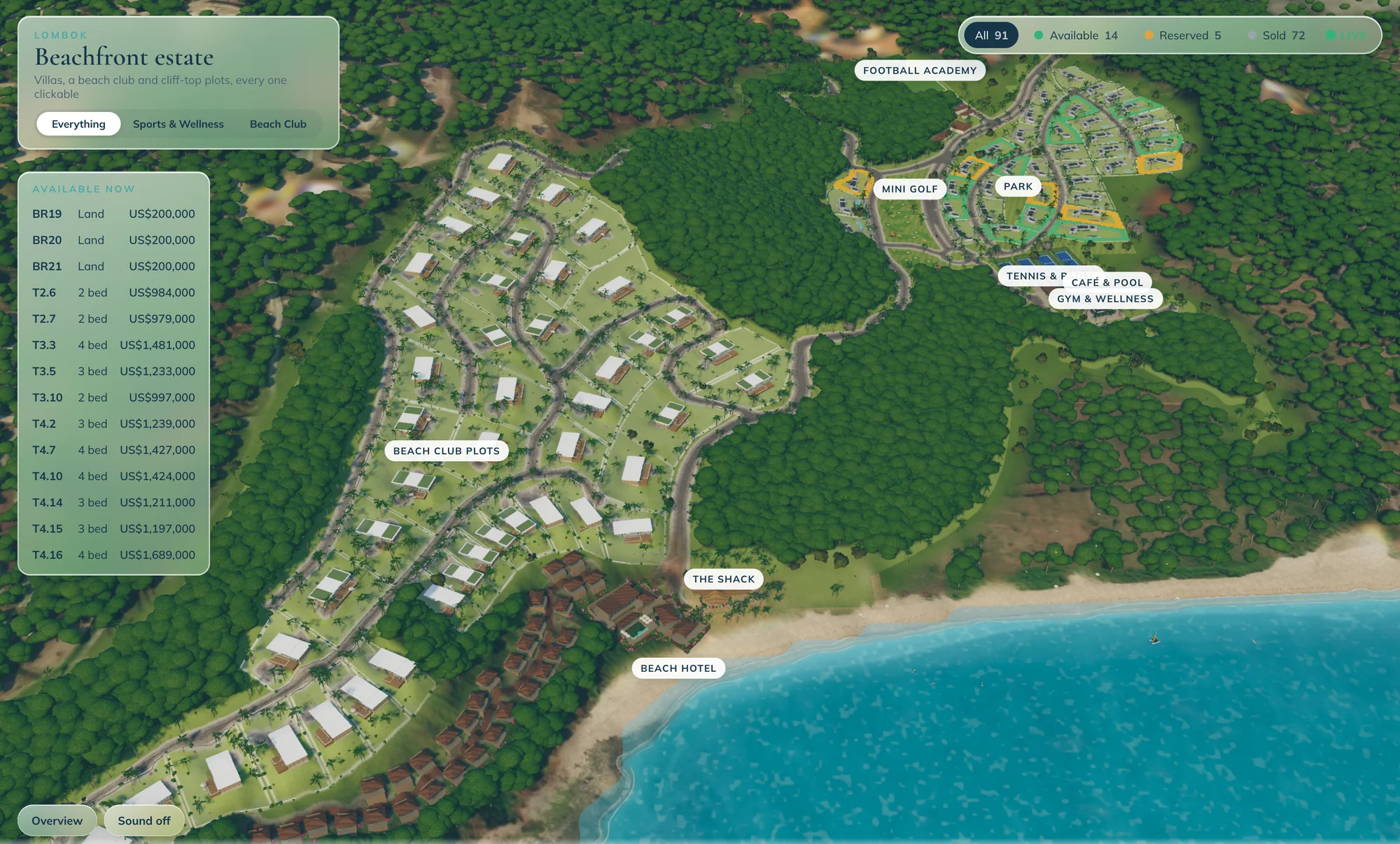 A 3D map of a beachfront estate with every villa and plot labelled and priced