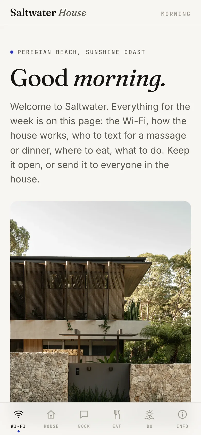 A holiday home guide on a phone, opening with Good morning and a note from the owner