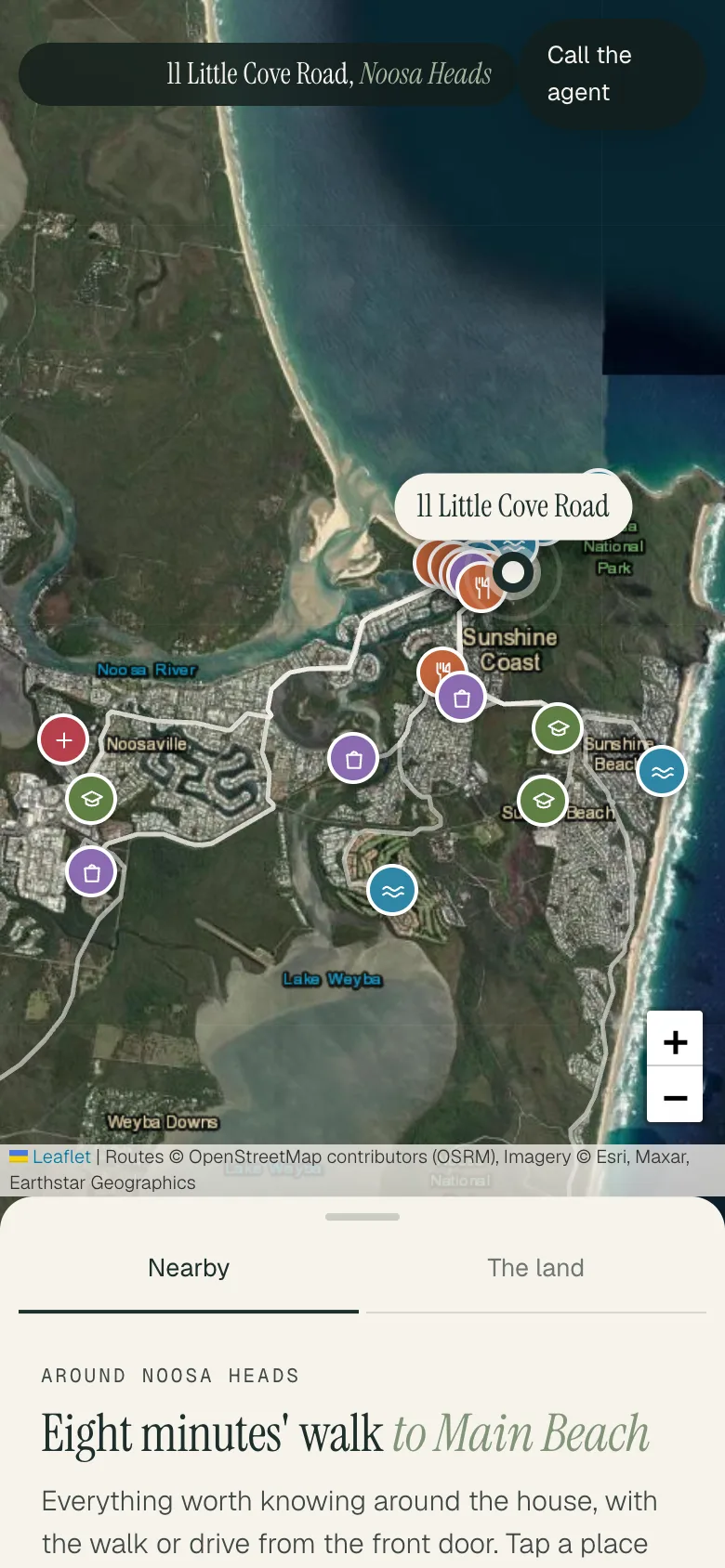 A listing's location map on a phone: the house pinned over satellite, with walk times to the beach and cafes