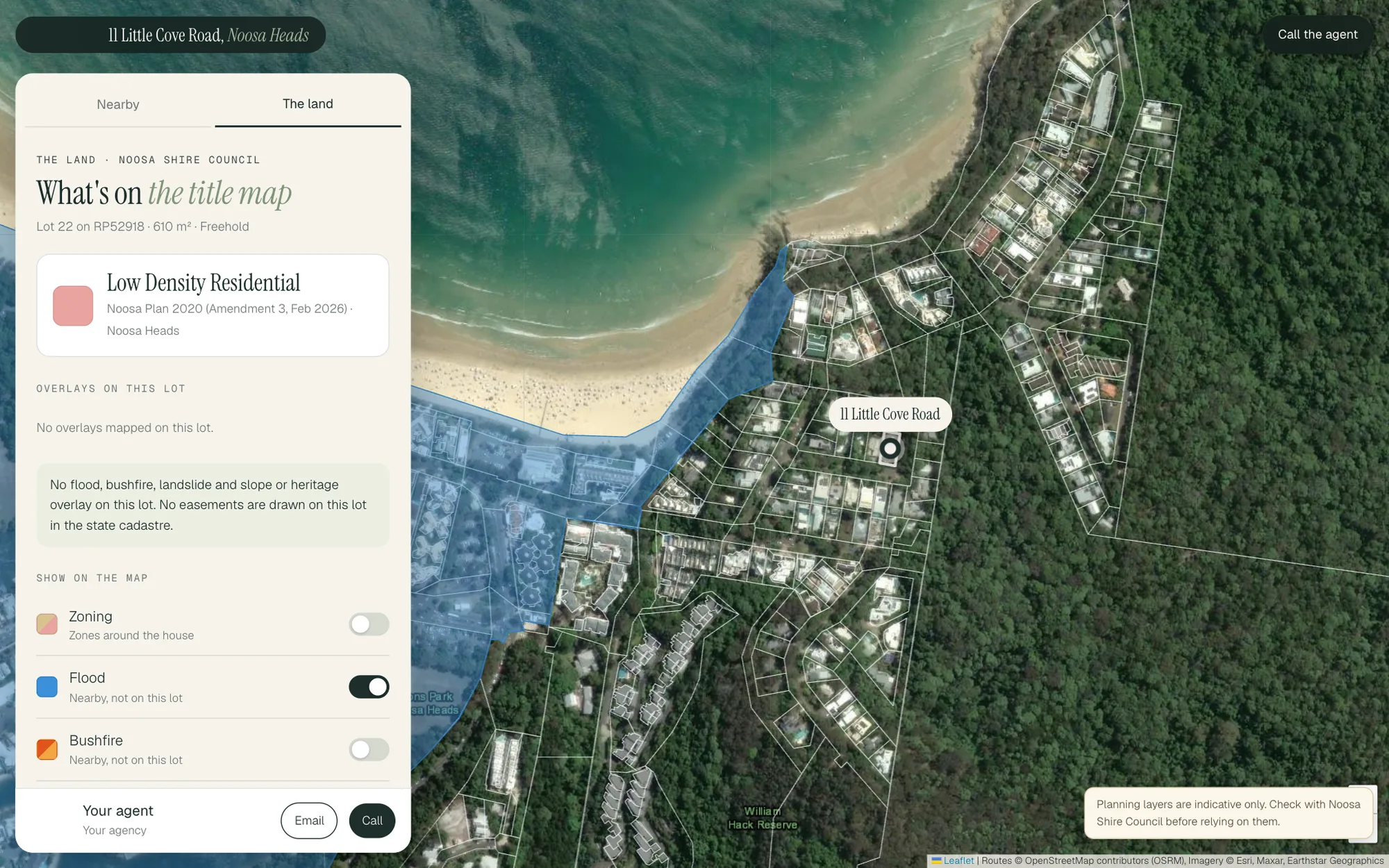 A listing's location map over satellite, showing the lot's zoning and the flood layer switched on