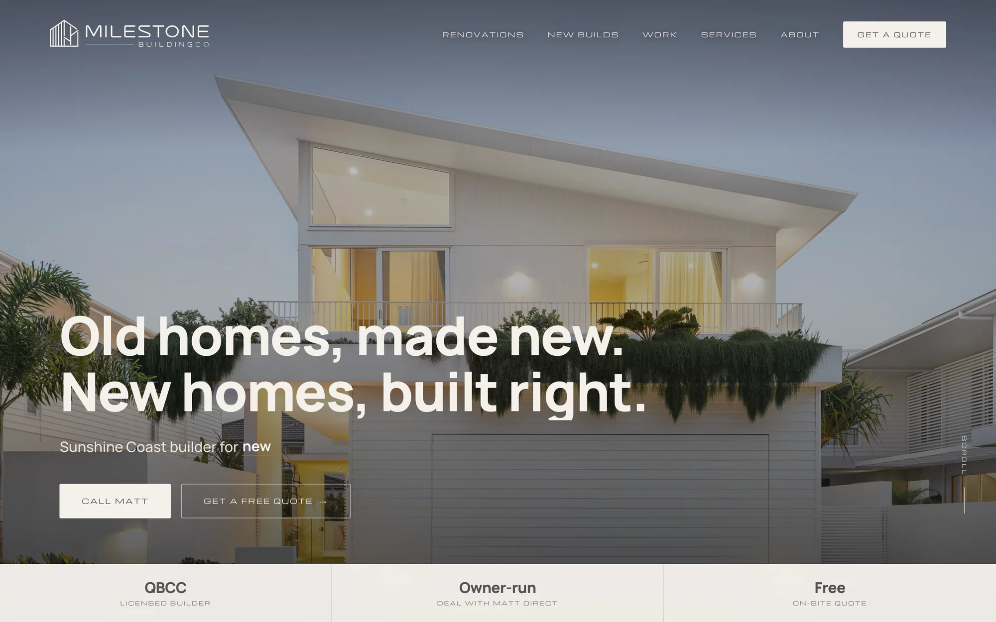 A builder's website with a dusk photograph of a renovated Queenslander