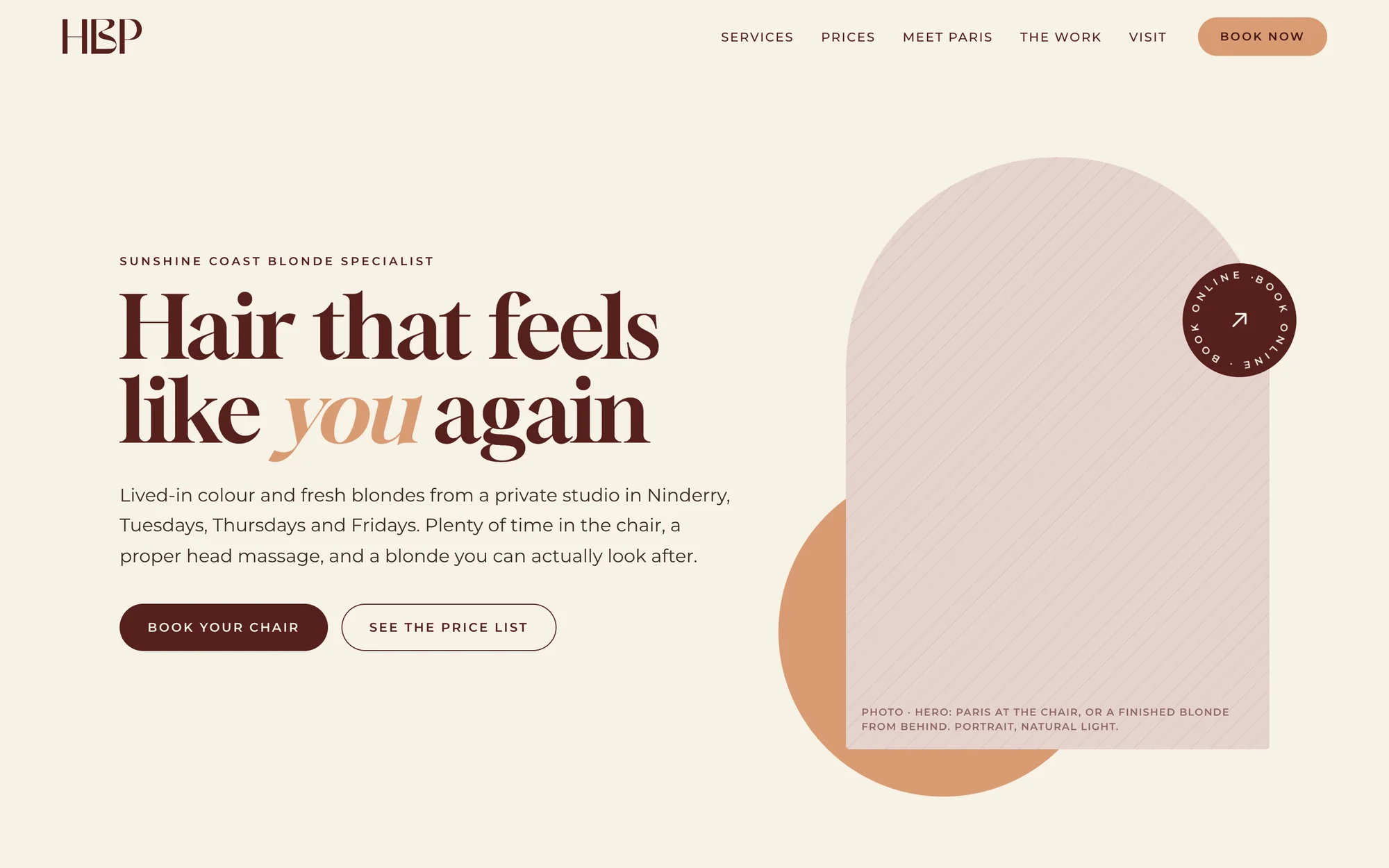 A hairdresser's website in oxblood and cream: Hair that feels like you again