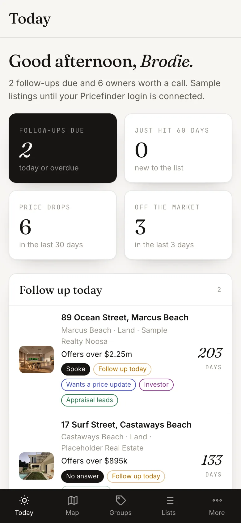 A call app for agents on a phone, showing follow-ups due and homes sitting on the market